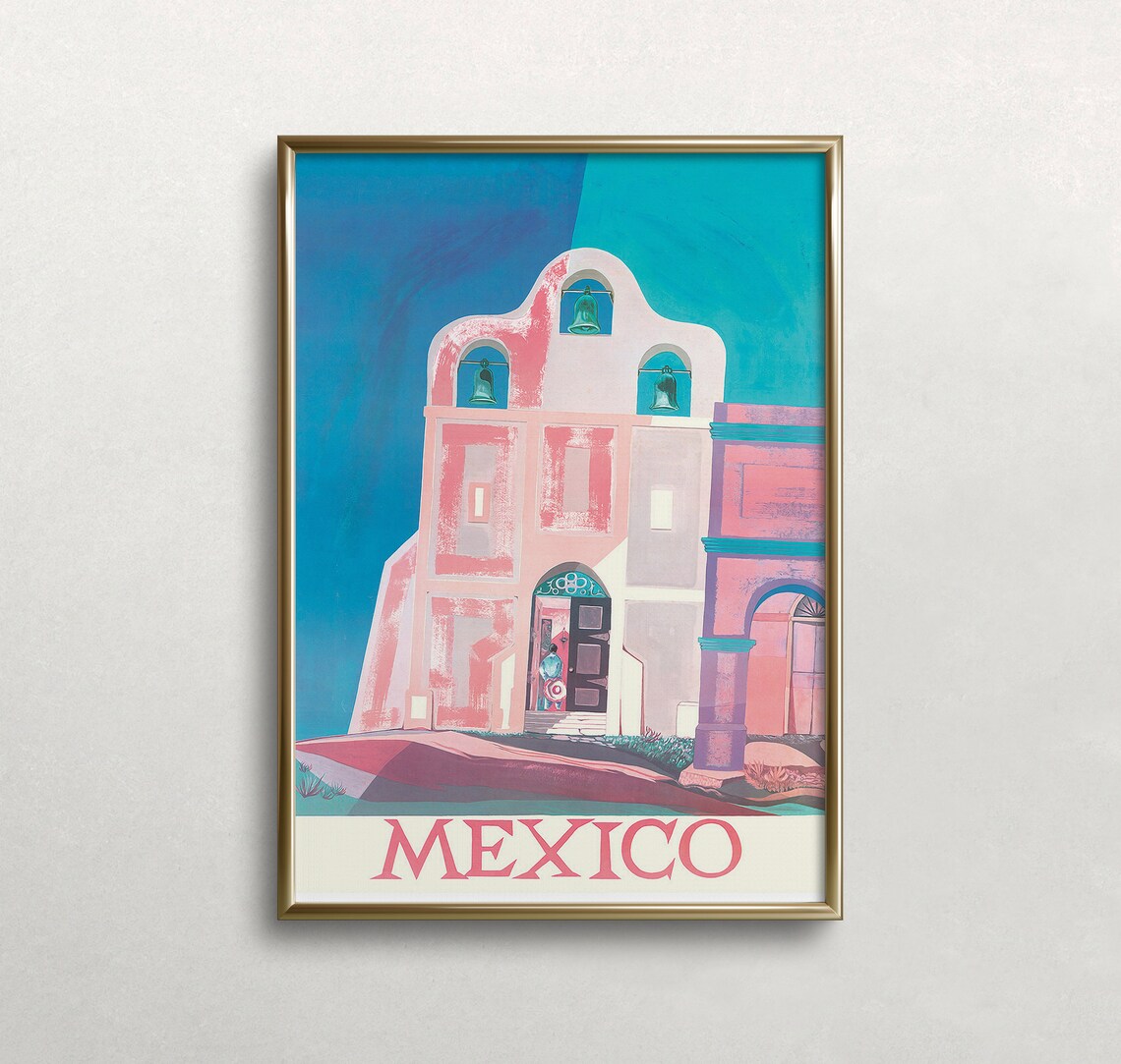 Mexico Mission Church Bell Towers Vintage Retro Travel Tourism Art Poster