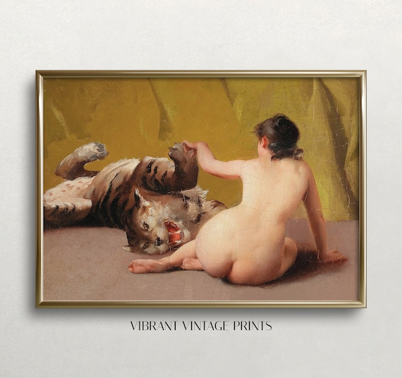 Nude Woman Playing With Tiger Classical Oil Painting Art Print