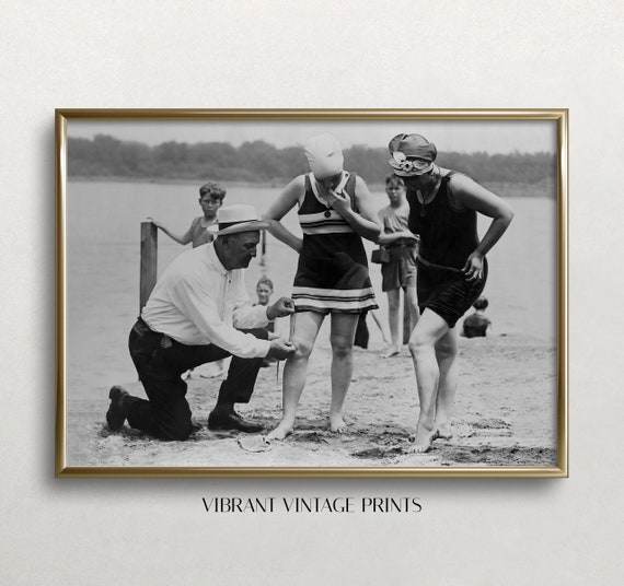 Beach Cop Measuring Swimsuits, Vintage Beach Art Print