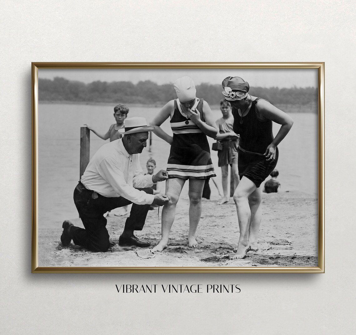 Beach Cop Measuring Swimsuits, Vintage Beach Art Print