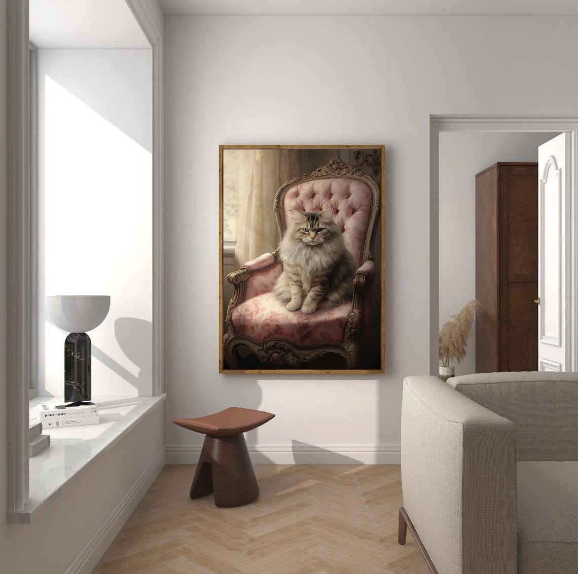 Elegant Long Haired Cat On Pink Victorian Armchair Portrait Poster - Image 2
