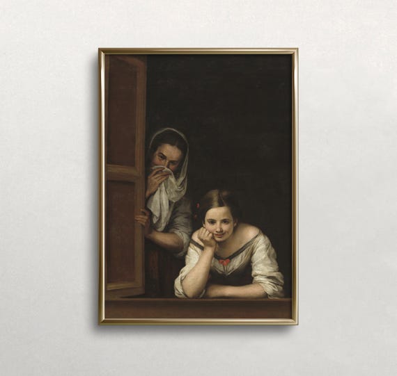 Two Women At Window Vintage Wall Art Women Portrait Moody Decor Dark Moody Colors Antique Wall Decor Wall Art 590