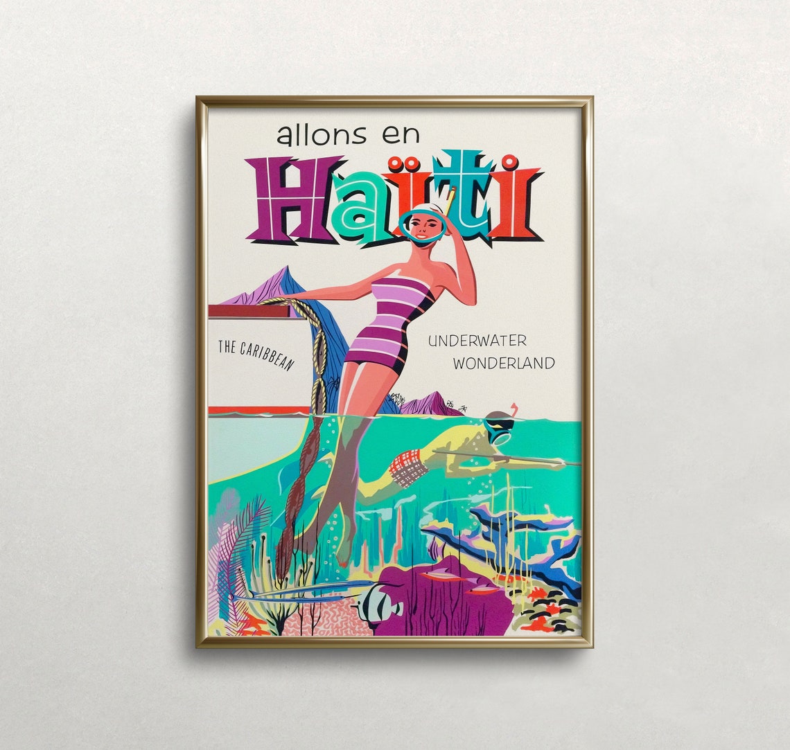 Haiti Wall Art Vintage Travel Print Haiti Travel Poster Caribbean Island Water Sports Art Retro Wall Art