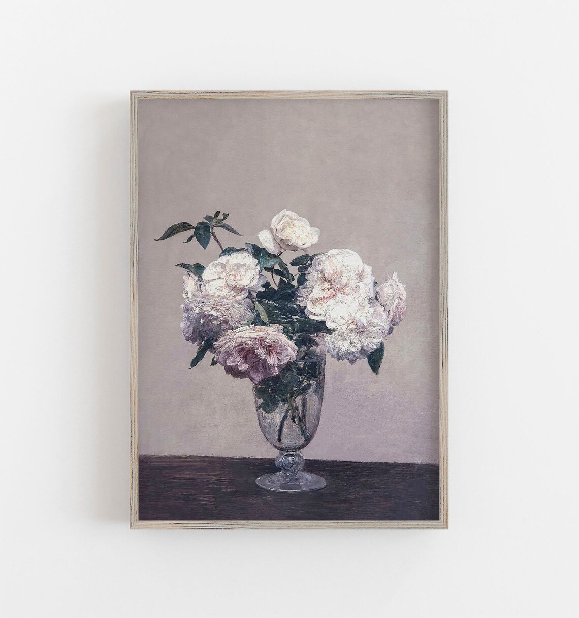 Muted Blush Peonies Roses Glass Vase Antique Floral Still Life Print