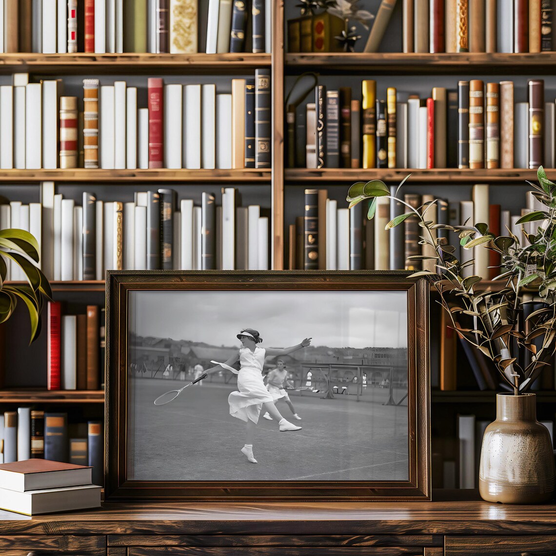 Vintage Black And White Photo Woman Playing Tennis In White Poster - Image 3