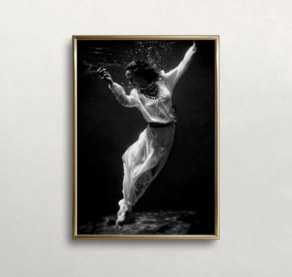Woman Underwater Black And White Art Vintage Wall Art Dark Moody Art Old Photo Underwater Model Wall Art