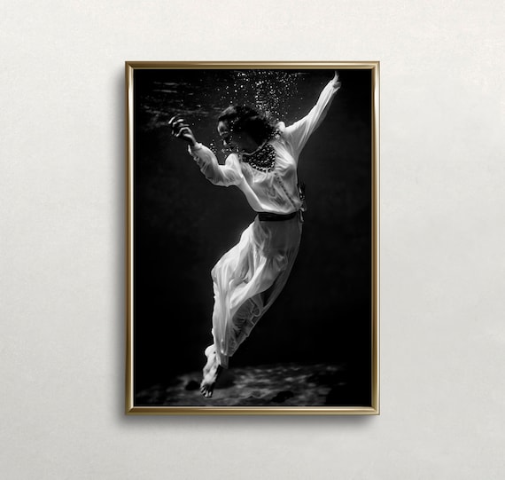 Woman Underwater Flowing Dress Black White Surreal Dreamy Photo Print