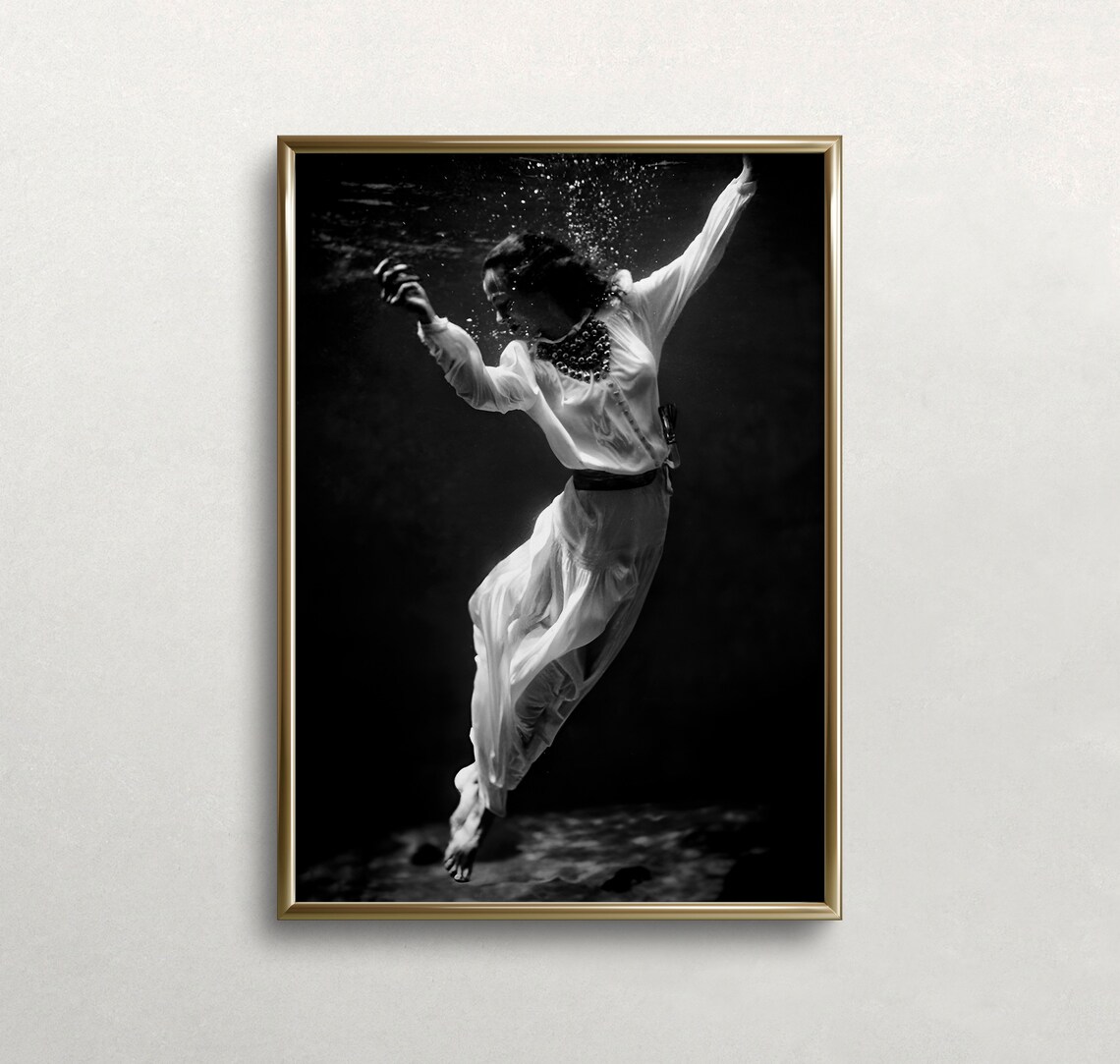 Woman Underwater Flowing Dress Black White Surreal Dreamy Photo Print