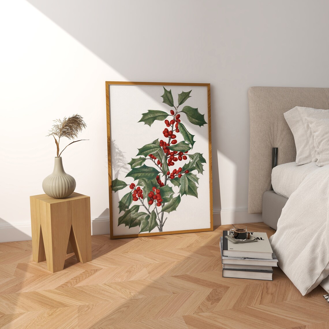 Vintage Holly Berries Branch Christmas Botanical Wall Poster - Image 2