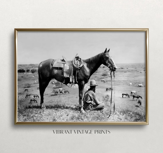 Resting Cowboy Vintage Western Art Print, Black and White