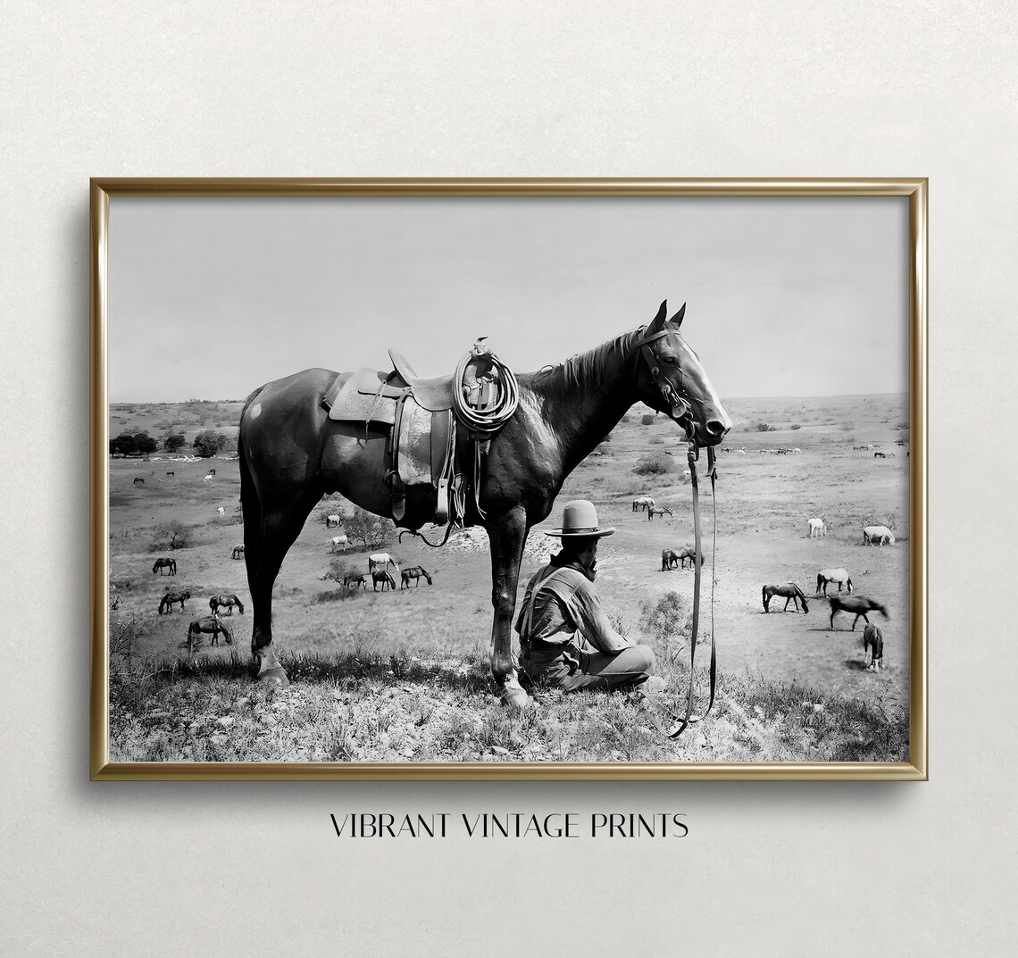 Resting Cowboy Vintage Western Art Print, Black and White