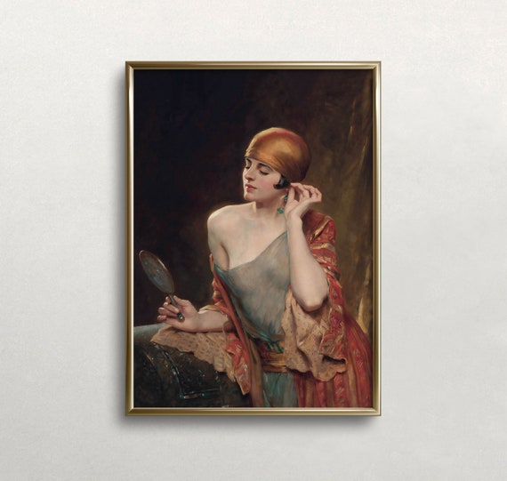 Woman Portrait Vintage Wall Art Dark Moody Portrait Woman And Mirror Antique Wall Decor Wall Art 403