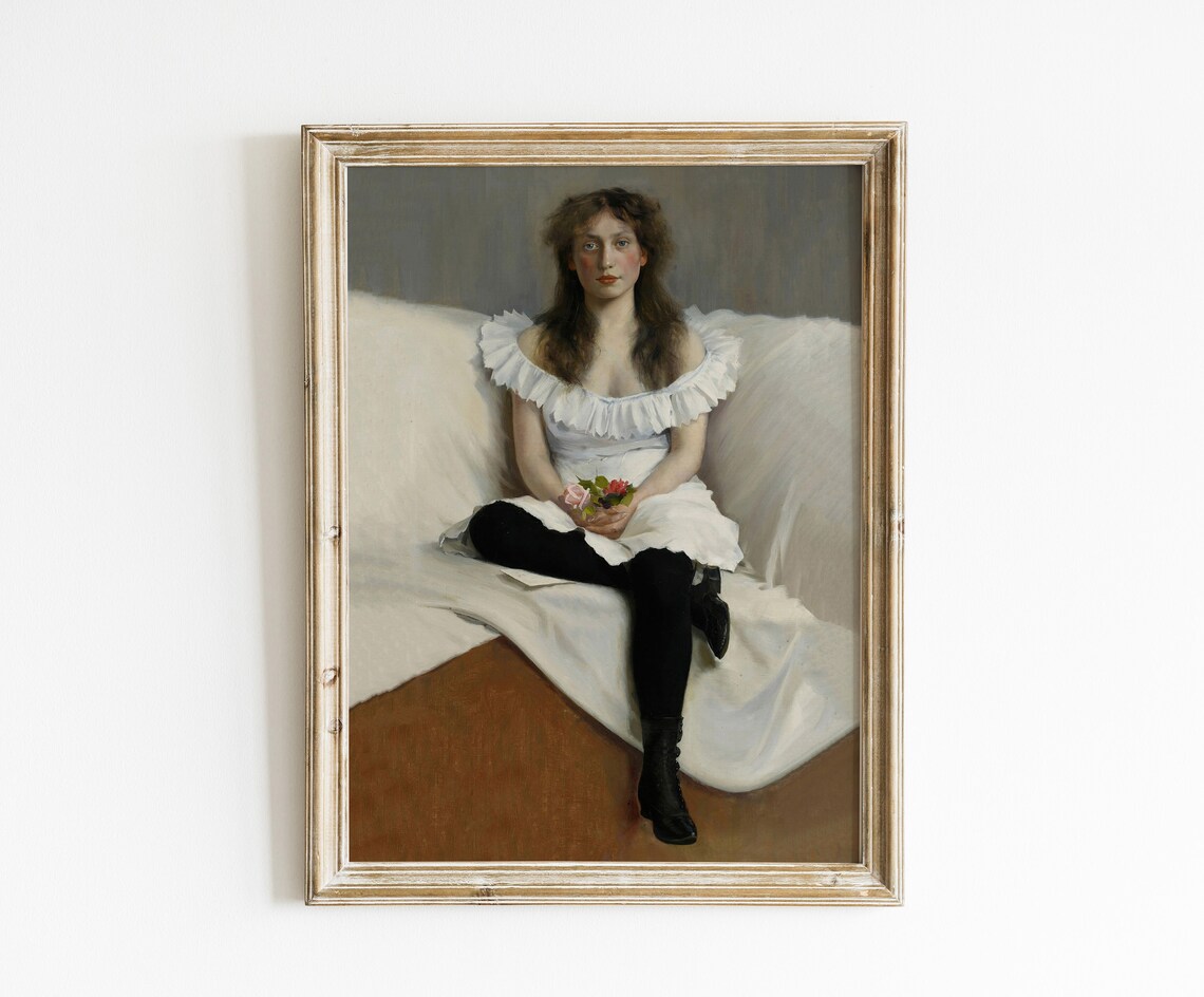 Young Woman in White Dress with Roses Seated Vintage Portrait Poster - Image 3