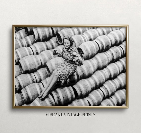 Kegs Of Beer Prohibition Wall Art Black And White Art Vintage Wall Art Woman Drinking Beer Bar Wall Decor Wall Art