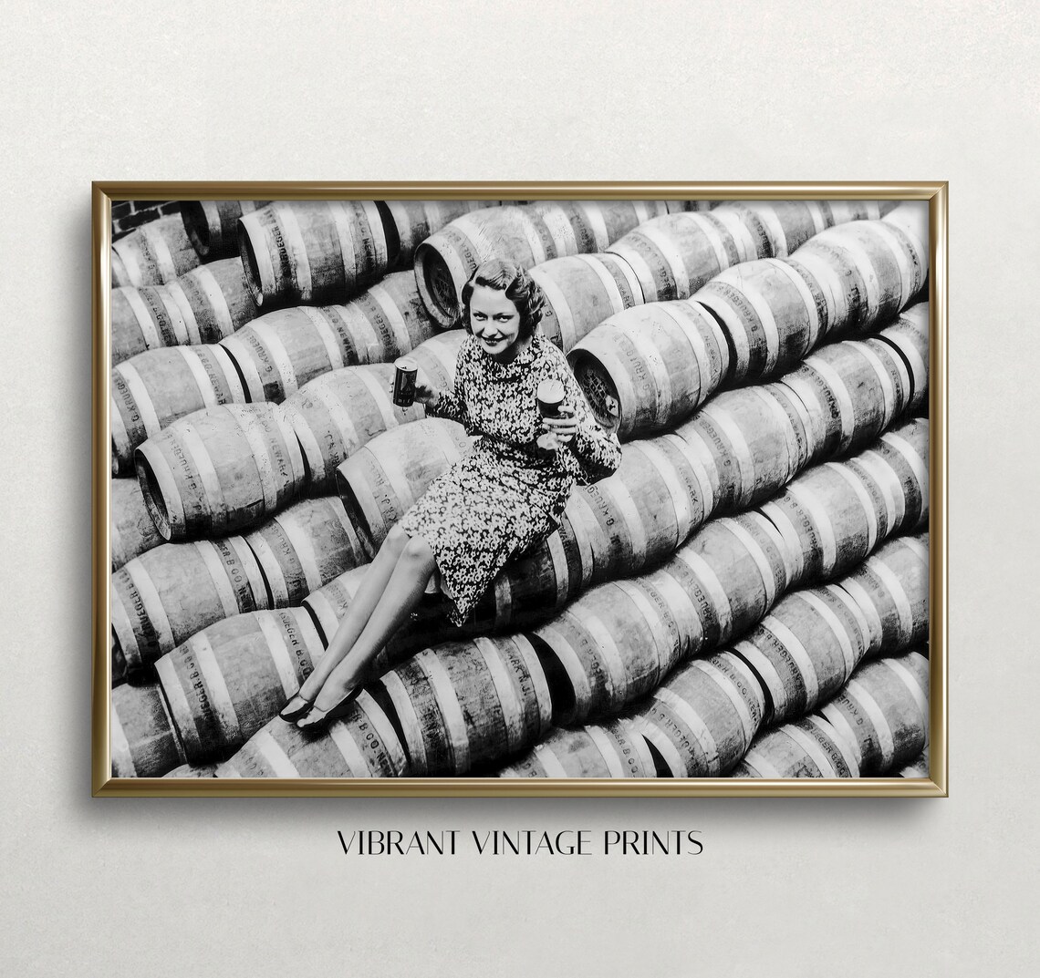Prohibition Era Woman Sitting On Beer Kegs Black And White Photo Print