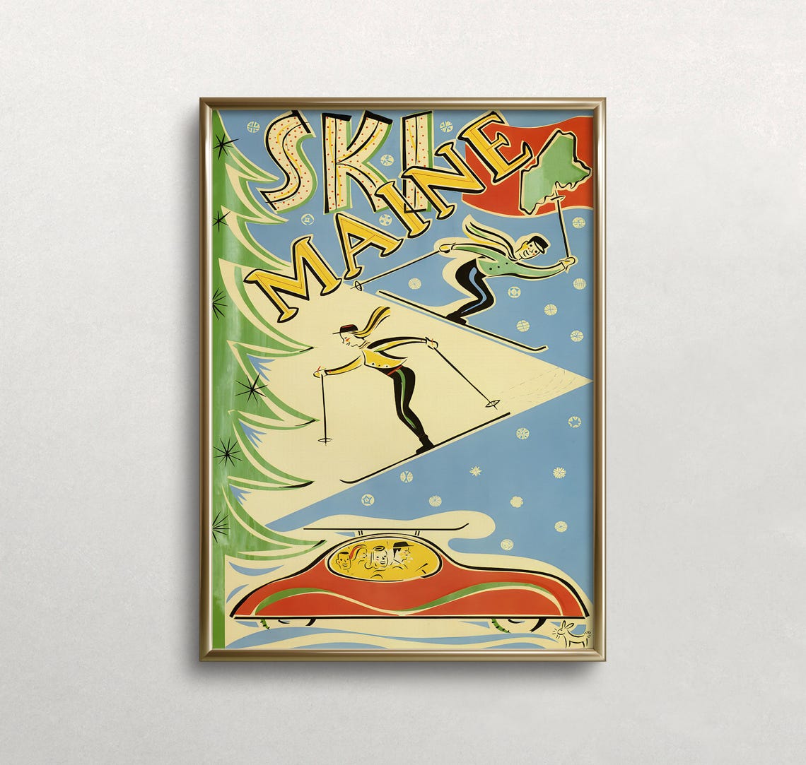 Ski Maine Retro Winter Travel Ad Vintage Skiing Scene Poster