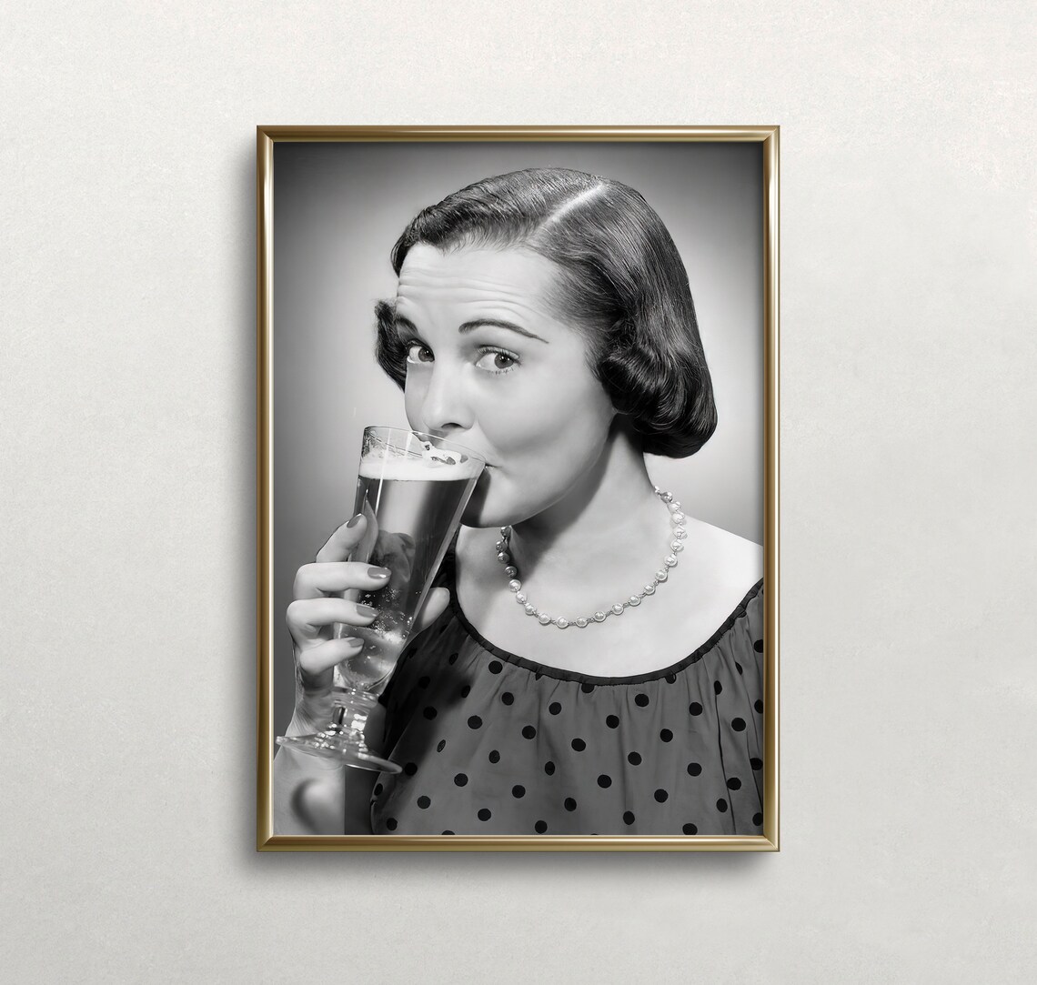 Woman Drinking Beer, Vintage Bar Wall Art Print