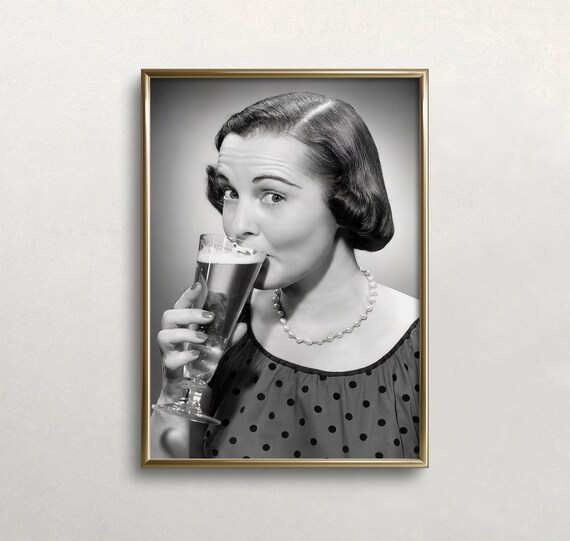 Woman Drinking Beer, Vintage Bar Wall Art Print