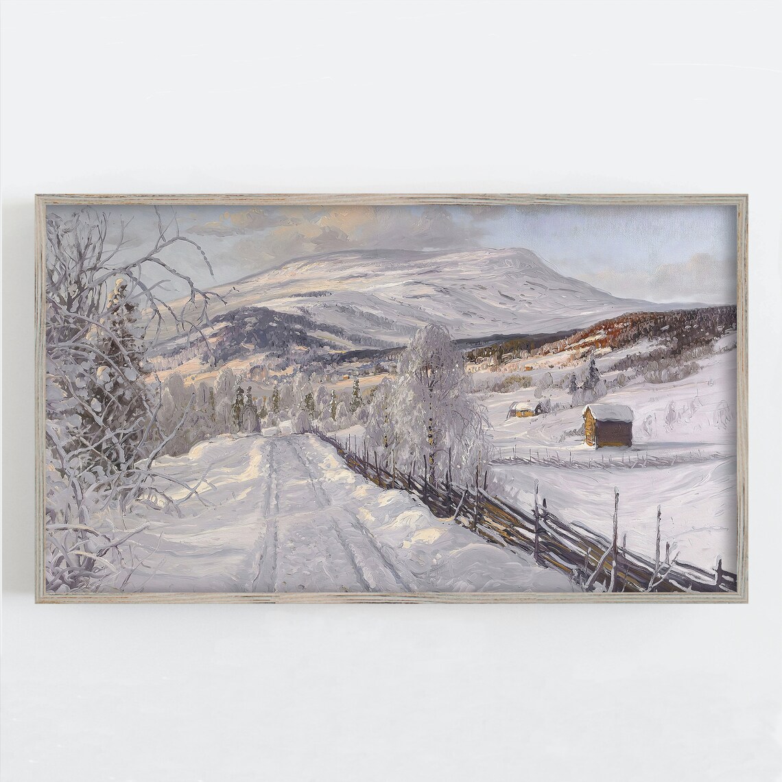 Snowy Mountain Valley Wooden Fence Cabin Vintage Winter Art Print