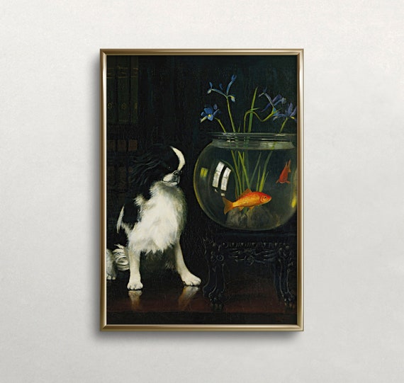 Dog And Goldfish Art Vintage Wall Art Japanese Chin And Goldfish Dark Moody Wall Decor Wall Art 336