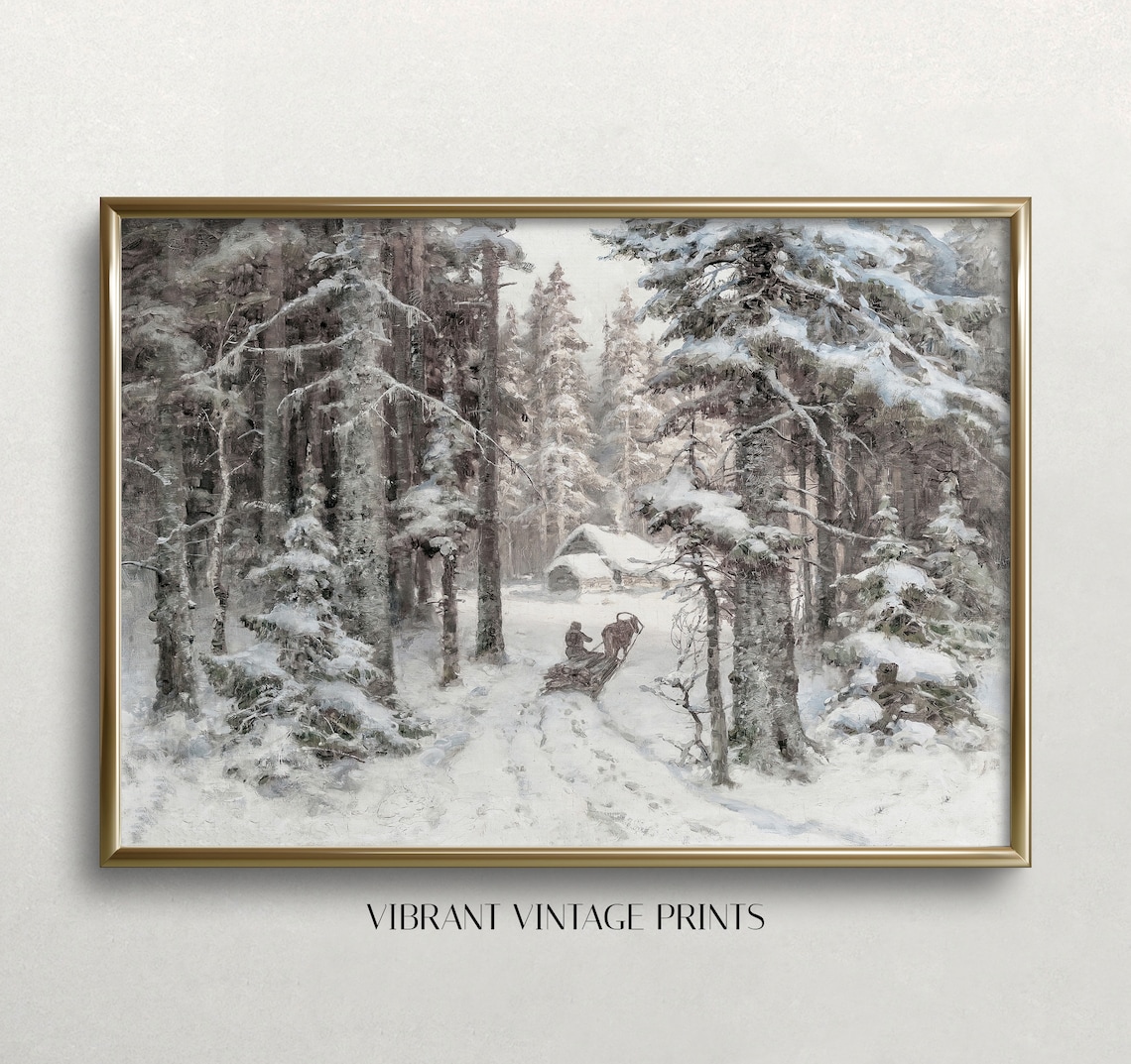 Horse Sleigh in Snowy Pine Forest Vintage Winter Landscape Art Print