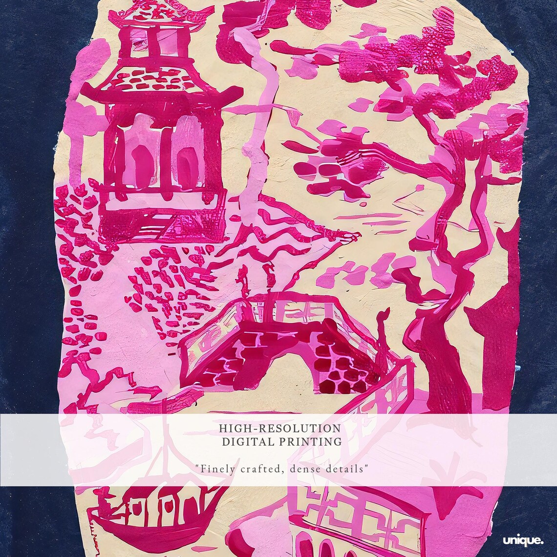Pink Chinoiserie Vase Silhouette Navy Blue Asian Landscape Poster - Image 2