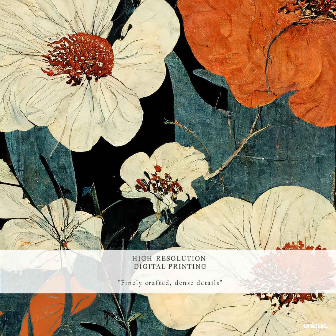 Bold Japanese Floral Art Poster with White and Orange Blooms - Image 2