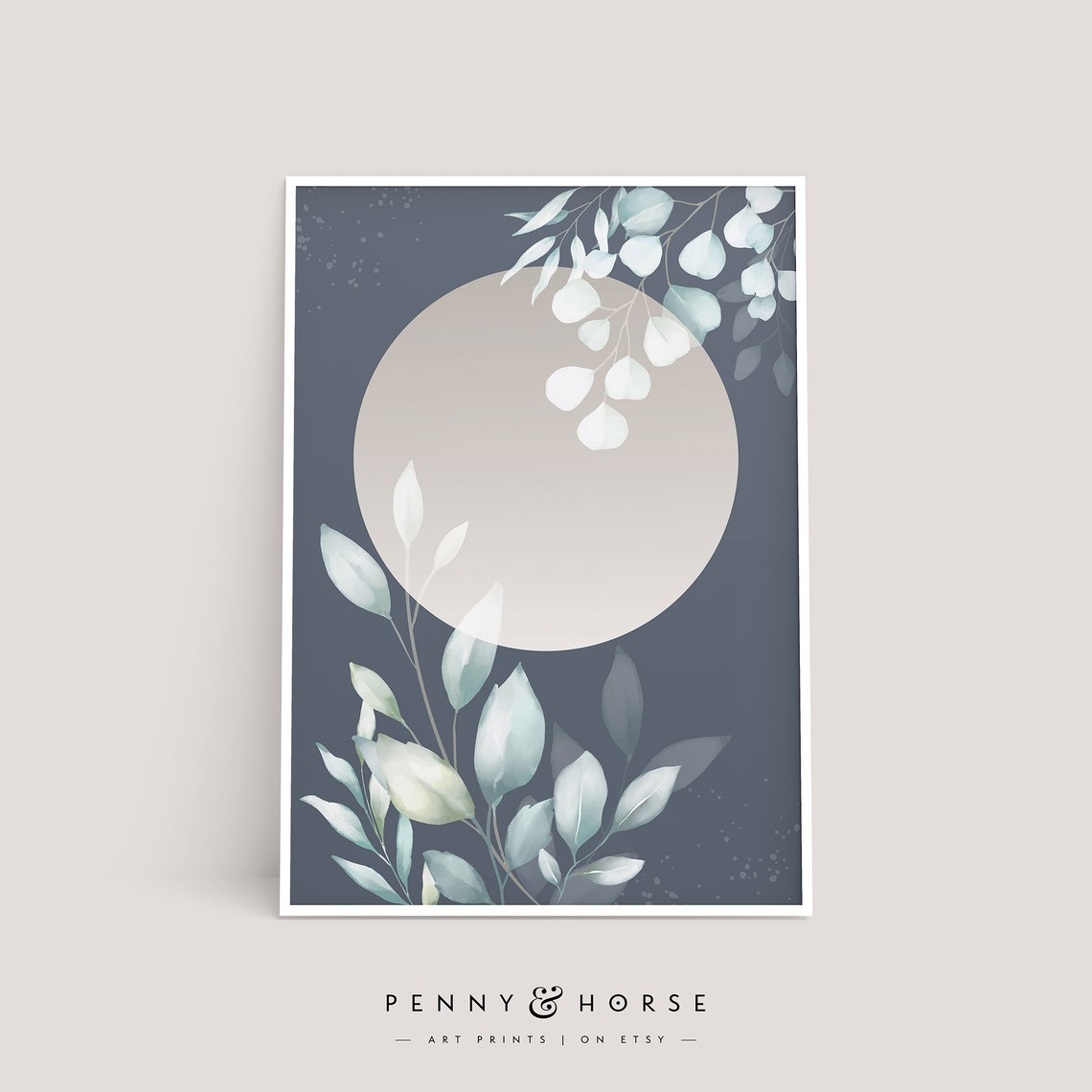 Boho Moon Floral Poster Neutral Botanical Abstract Navy Wall Decor
