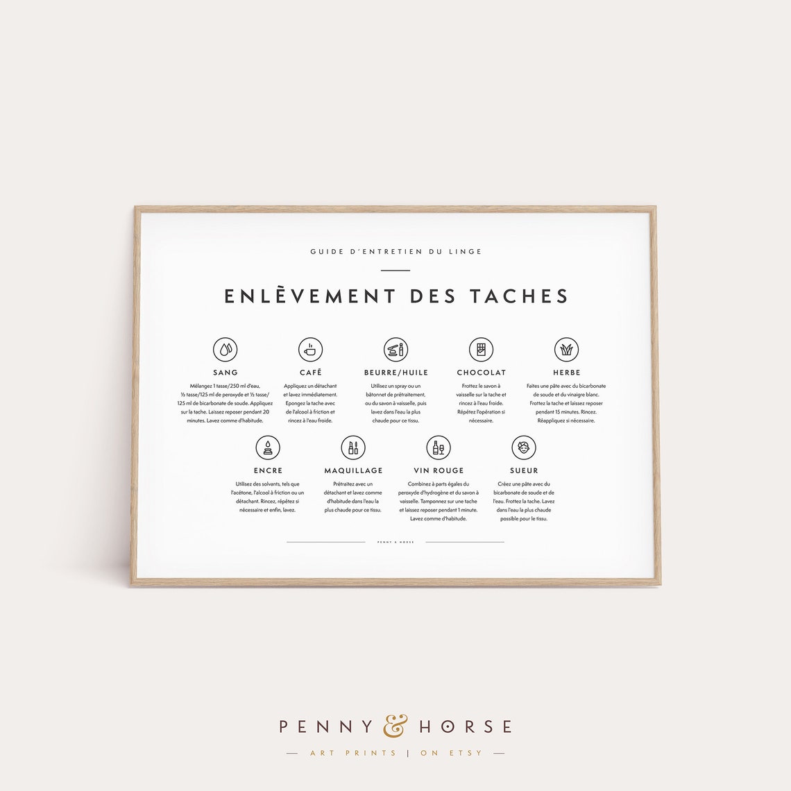 French Laundry Stain Removal Guide Poster Chart Linen Care Wall Decor