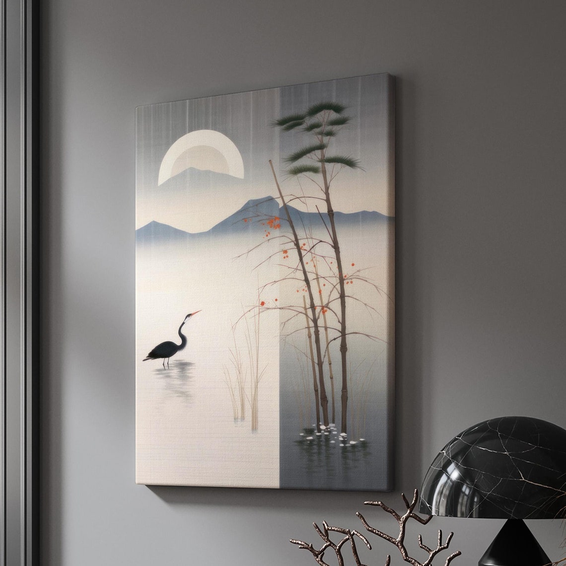 Japanese Heron Moonlit Lake Pines Ink Wash Minimalist Wall Poster - Image 3