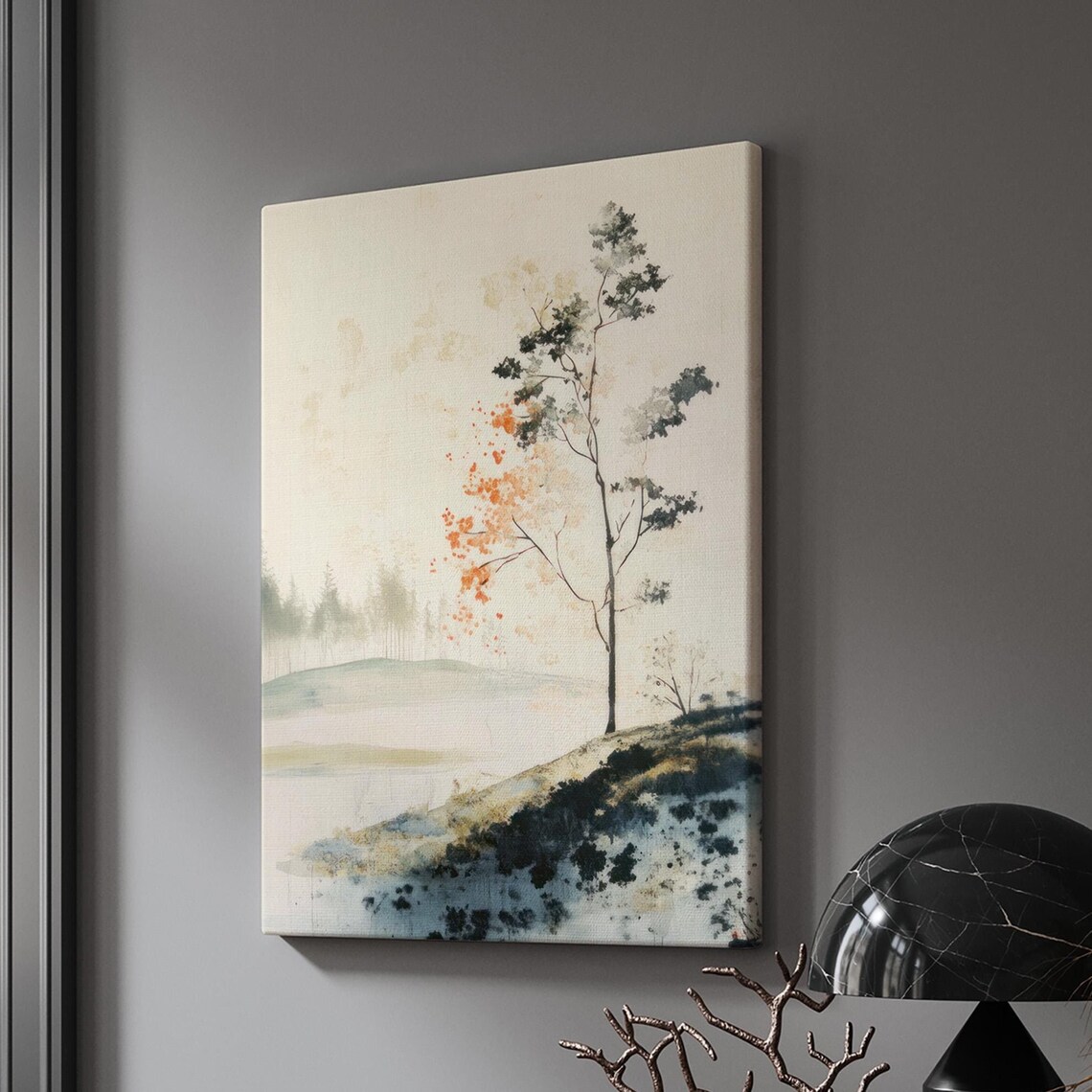 Autumn Tree Lakeshore Watercolor Minimalist Serene Landscape Poster - Image 3