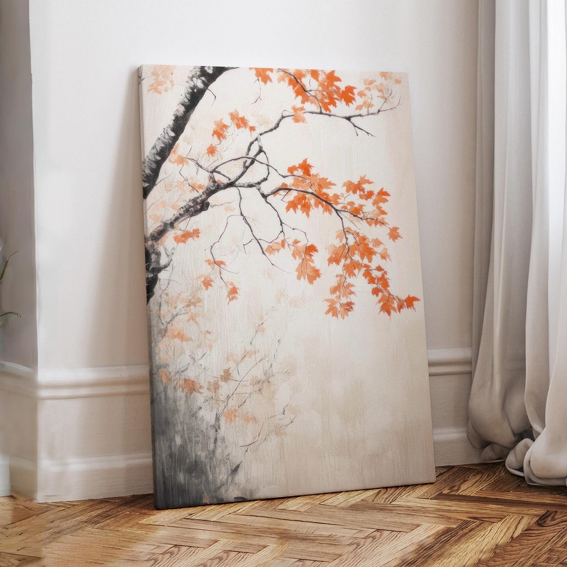 Japanese Maple Branch with Orange Autumn Leaves Ink Wash Art Print