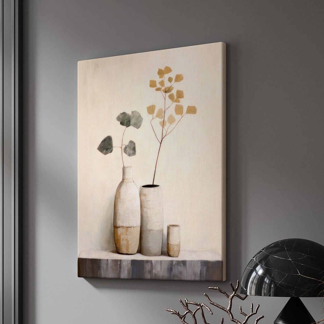 Ceramic Vases Eucalyptus Mustard Stems Minimalist Neutral Wall Art - Image 3