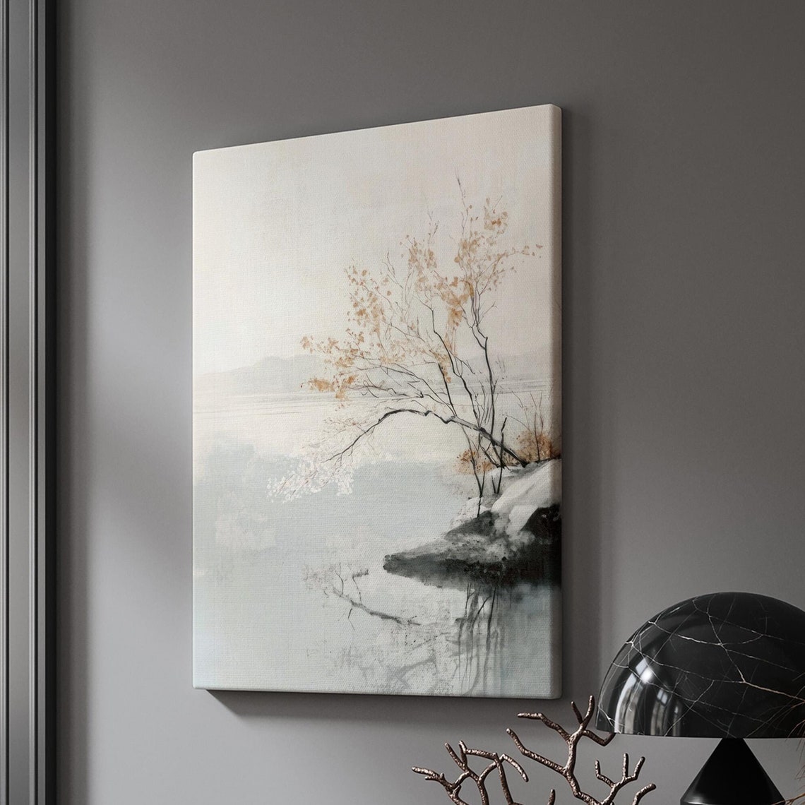 Misty Lakeside with Golden Leaning Tree Watercolor Square Art Print - Image 3