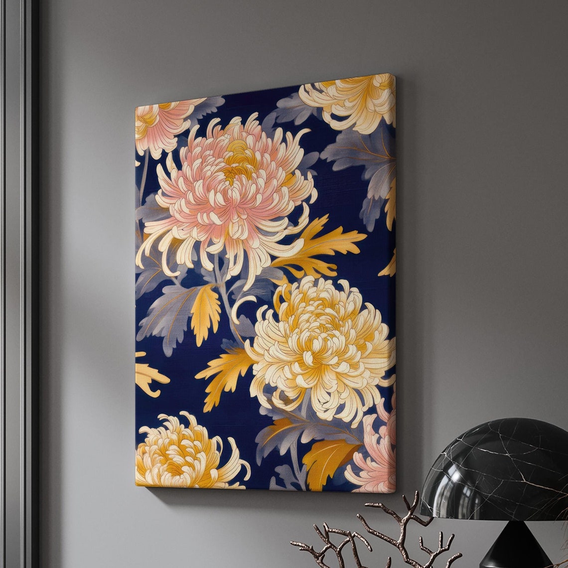 Chrysanthemum Kimono Floral Pattern Navy Botanical Art Print - Image 3