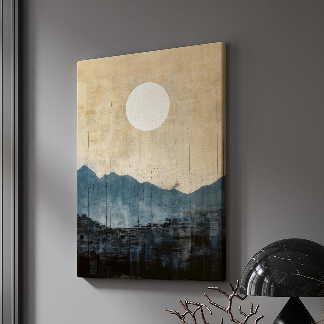 White Moon Over Blue Mountains Minimalist Square Canvas Art Print - Image 3