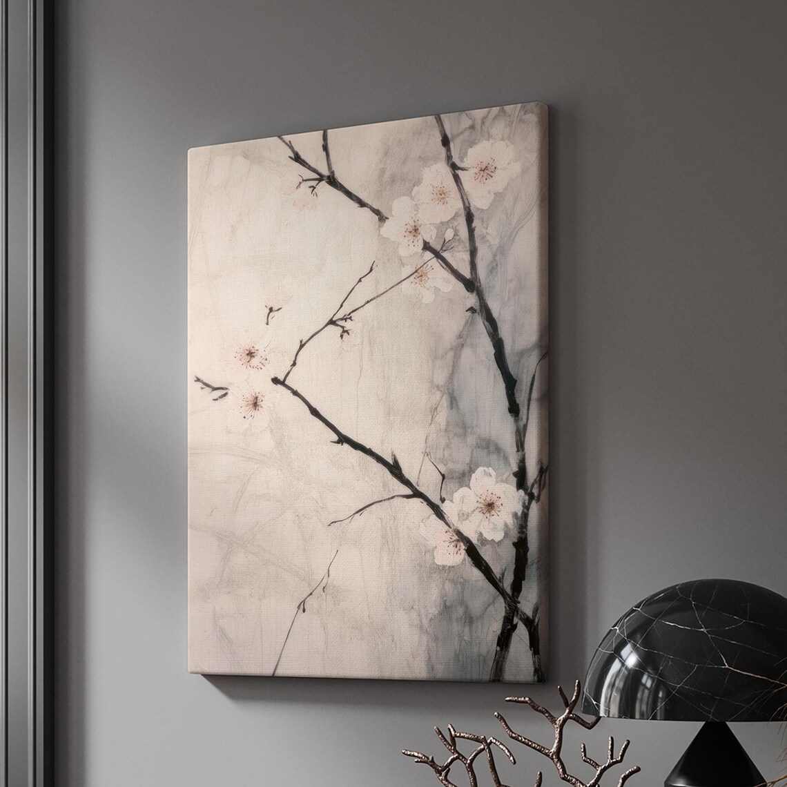 White Plum Blossom on Ink Branches Japanese Painting Art Print - Image 3