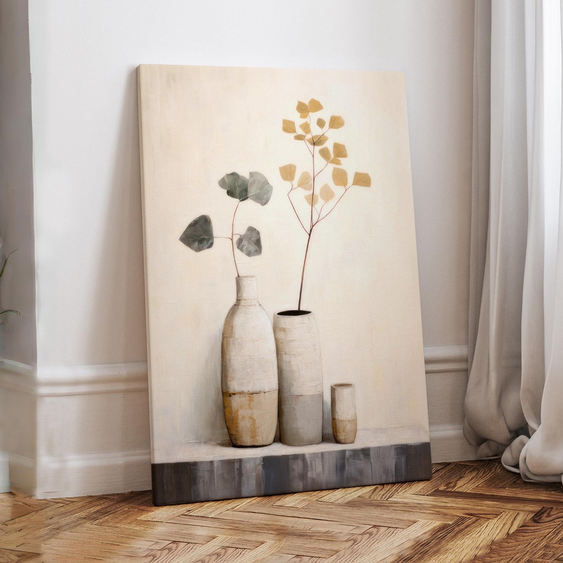 Three Ceramic Vases Minimalist Neutral Still Life Painting Art Print