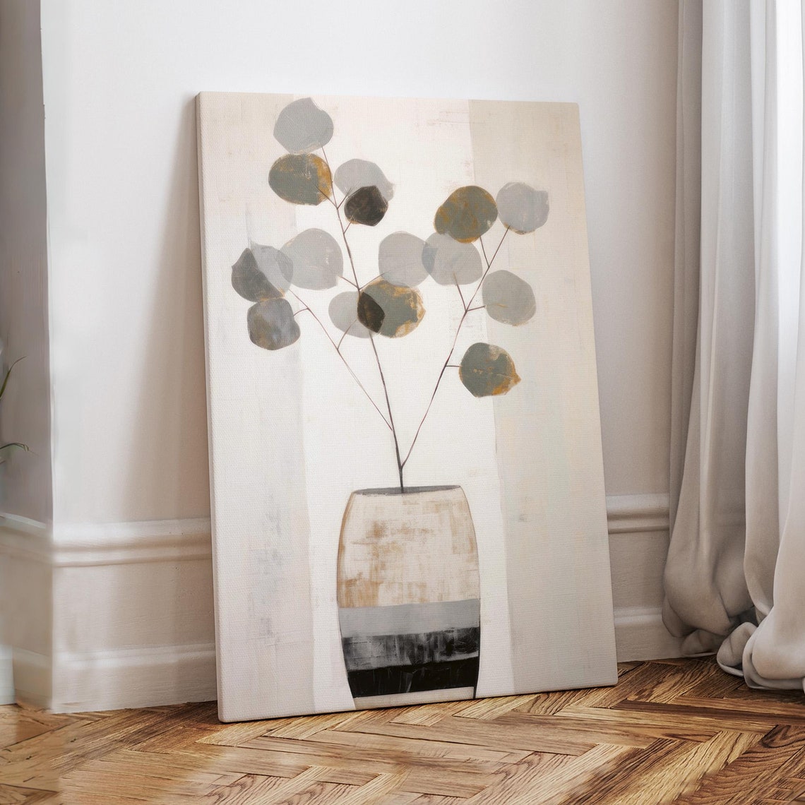 Eucalyptus Sprig in Striped Vase Minimalist Neutral Art Print
