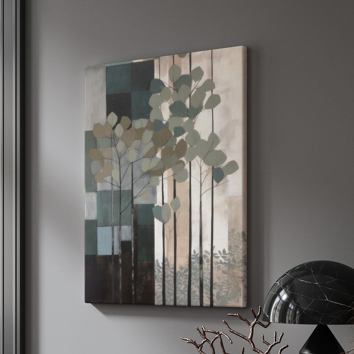 Tall Slender Trees Over Geometric Blocks Abstract Forest Art Print - Image 3