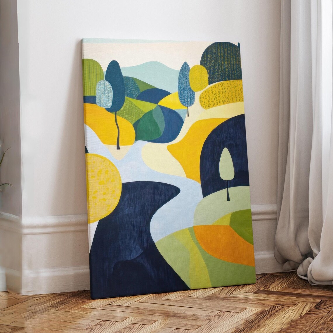Winding River Through Colorful Abstract Rolling Hills Art Print