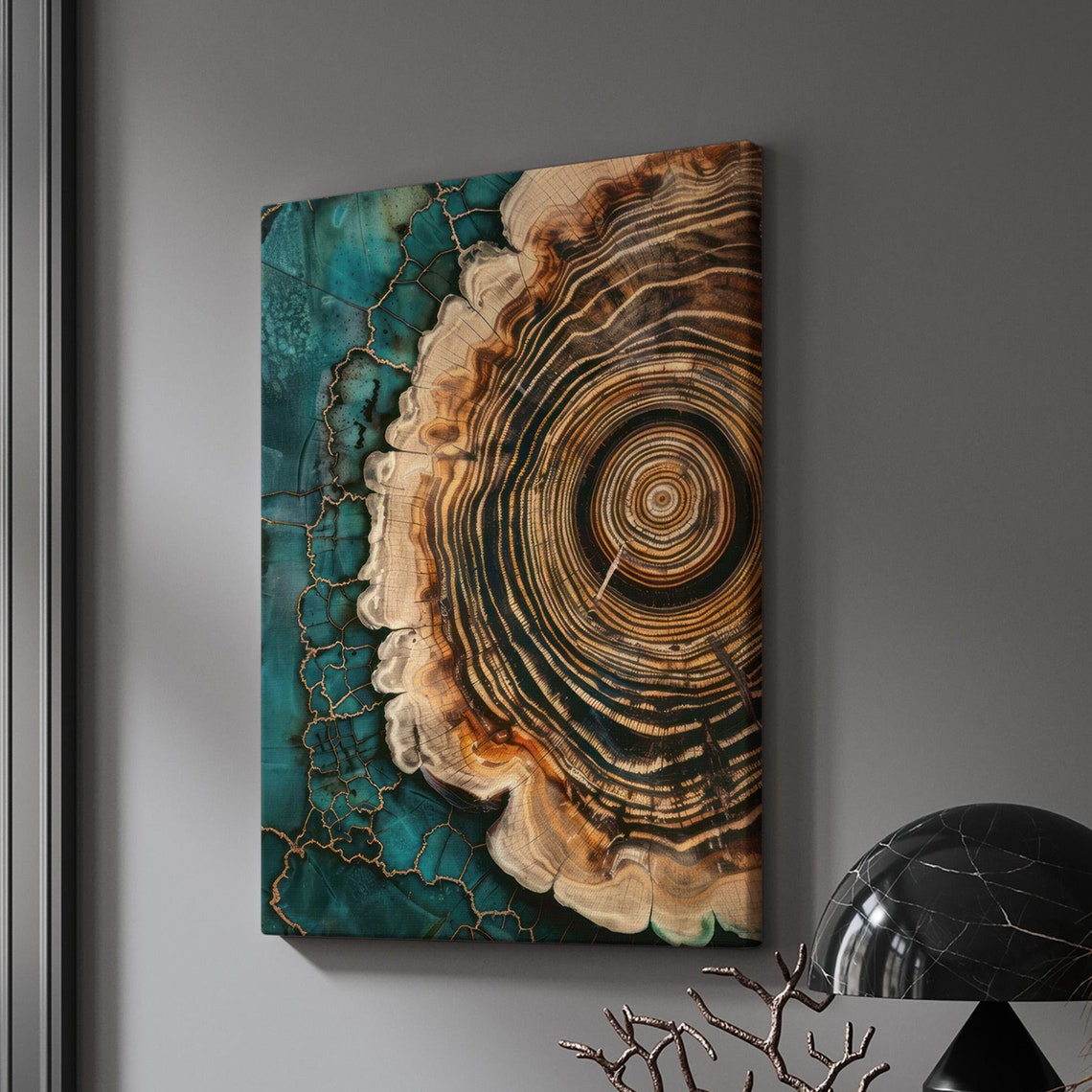 Tree Rings Cross Section Teal and Gold Abstract Square Art Print