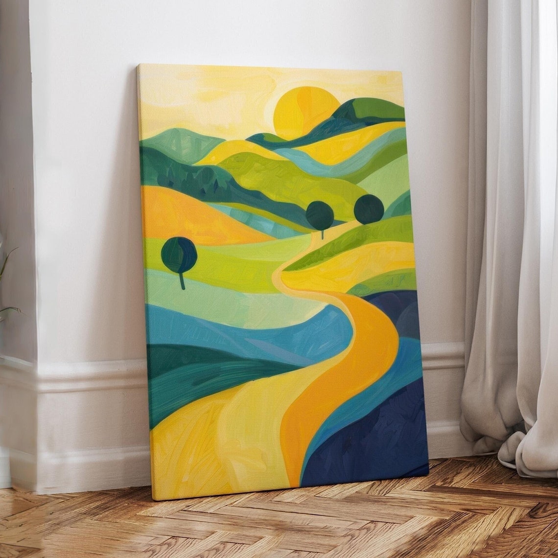 Winding Golden Path Through Rolling Green Hills Landscape Art Print