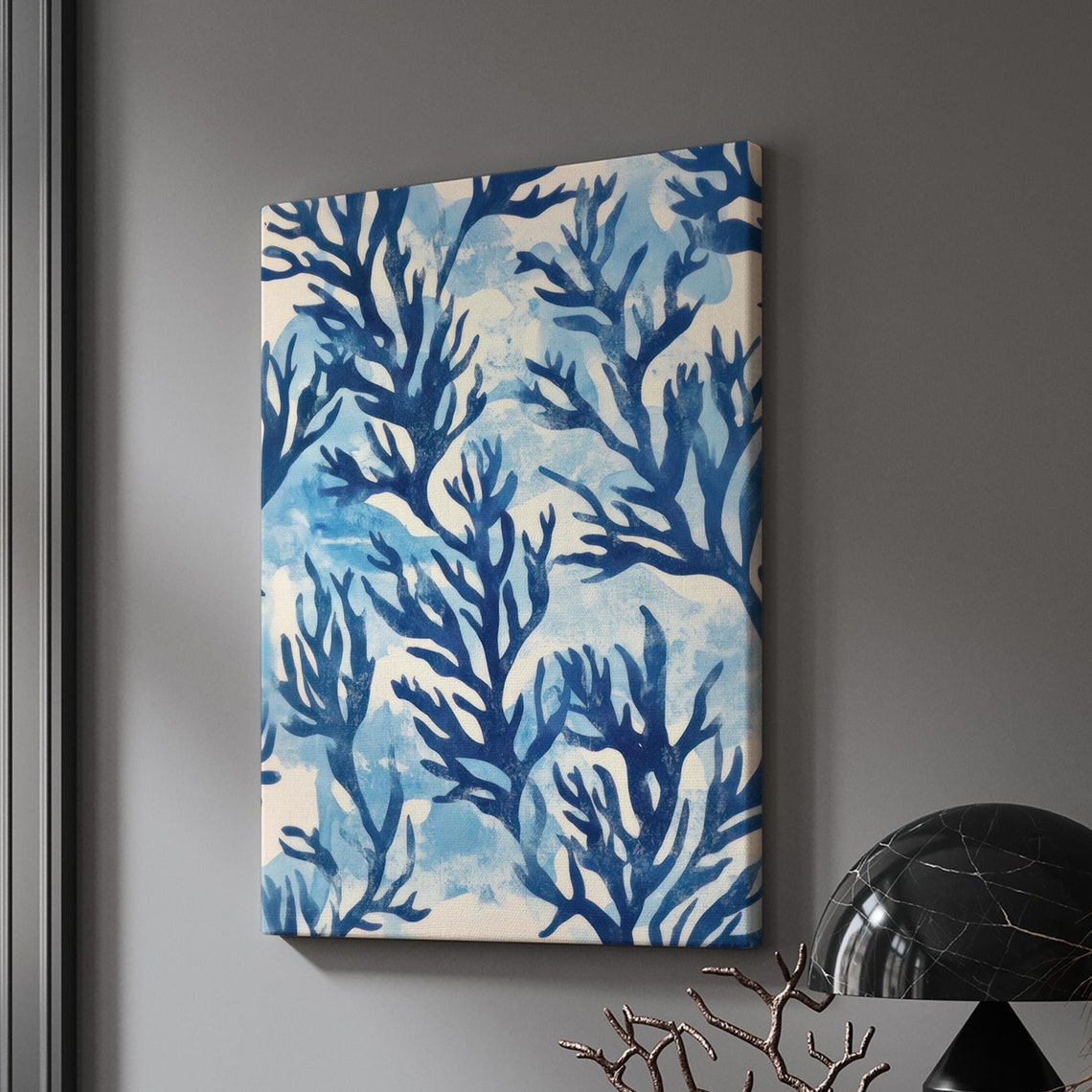 Deep Blue Coral Branches Watercolor Seaweed Square Canvas Poster - Image 3