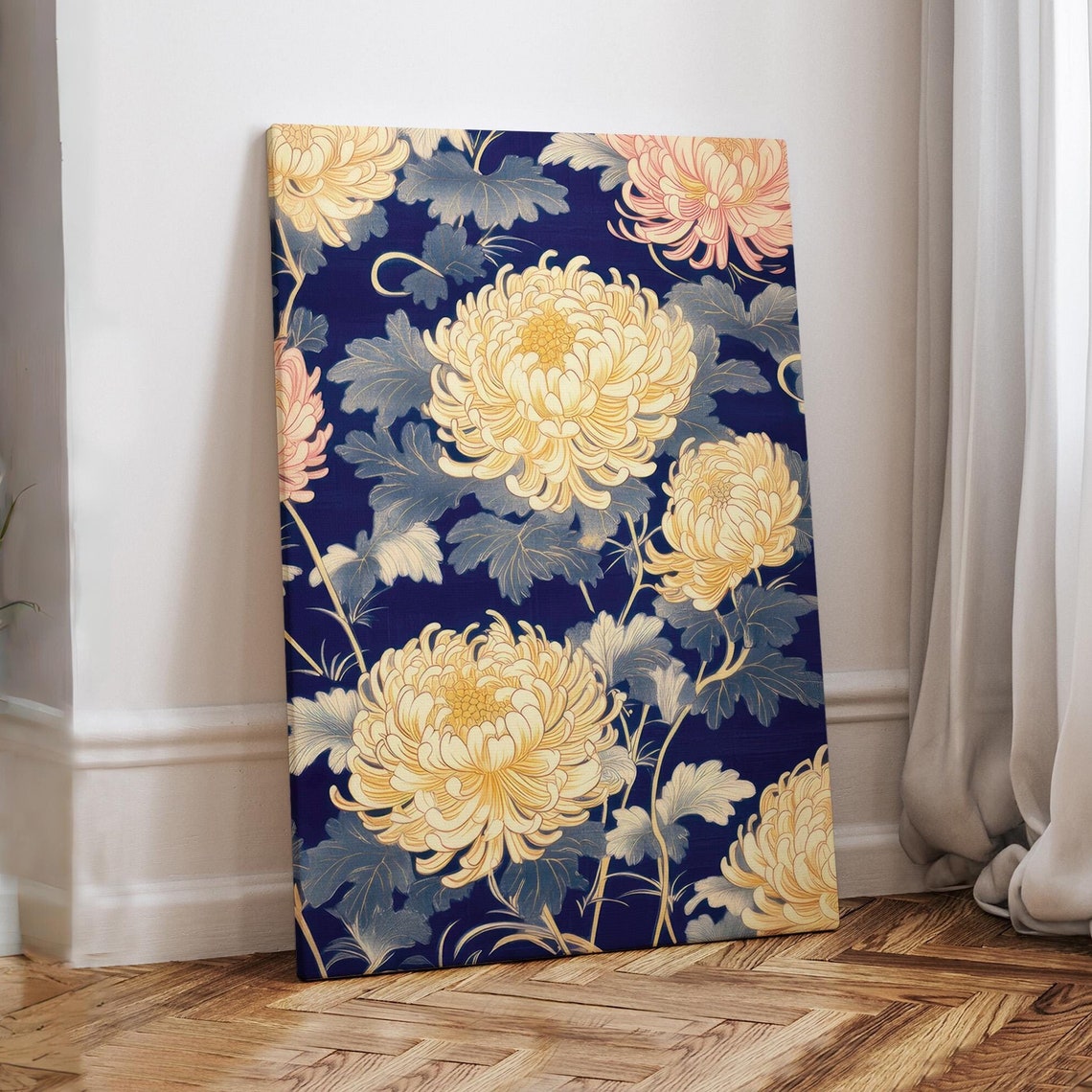 Japanese Chrysanthemum Flowers Navy Blue Pattern Floral Art Print