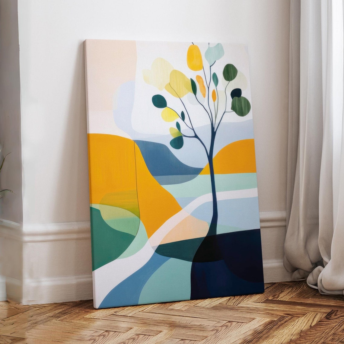Colorful Abstract Tree Above Yellow Hills Modern Landscape Art Print