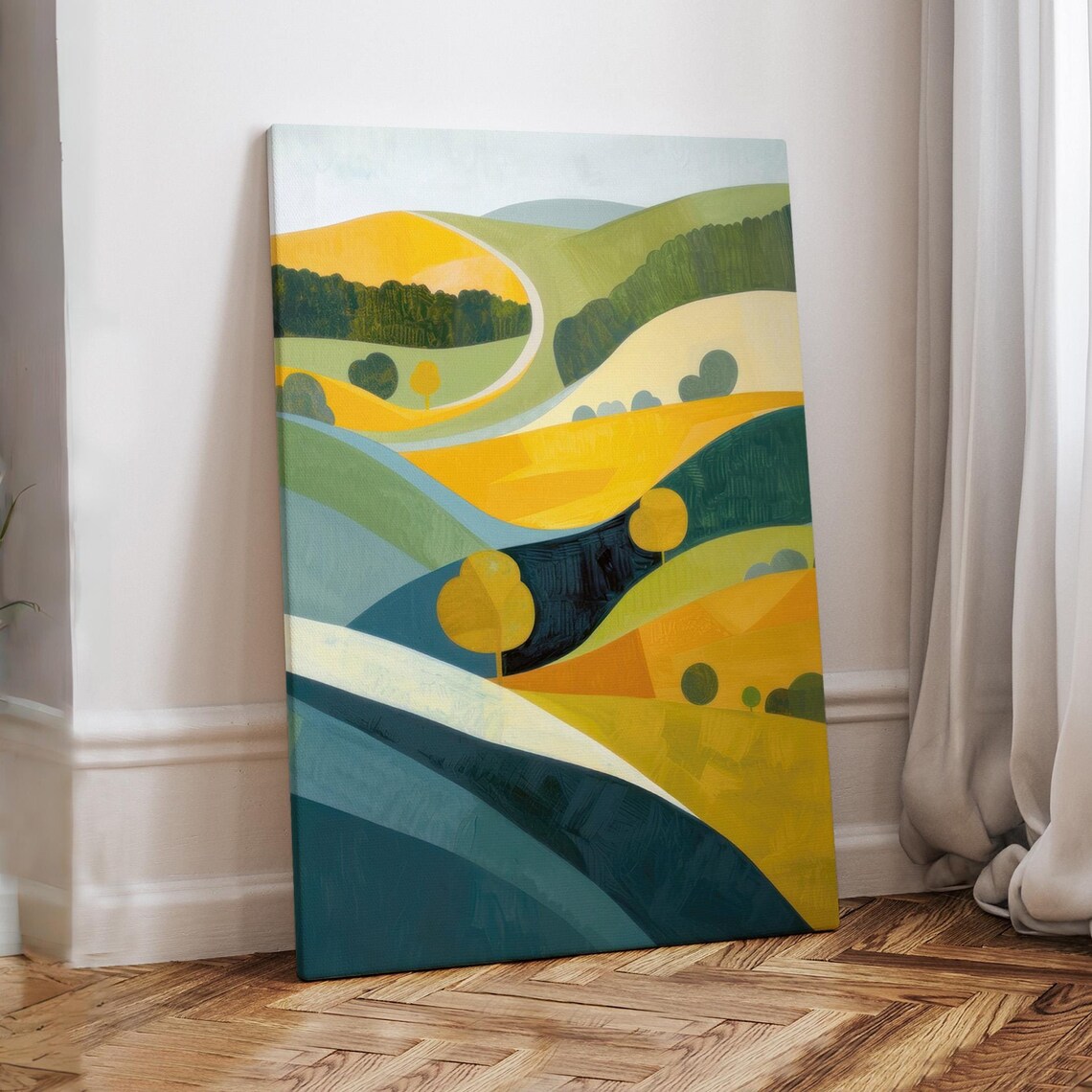 Yellow and Green Rolling Hills Abstract Landscape Painting Art Print