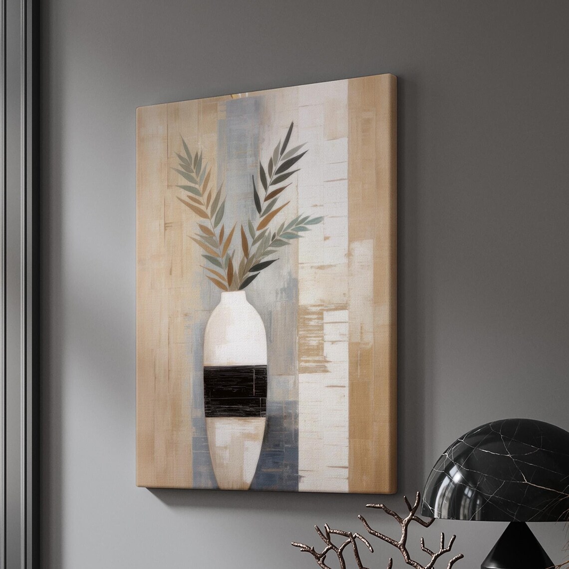 White Vase Black Band Autumn Foliage Japanese Minimalist Wall Art - Image 3