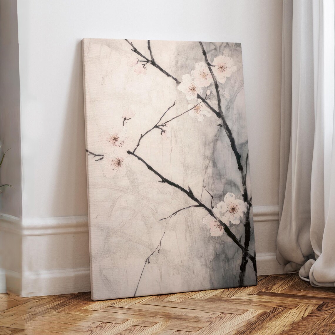 White Cherry Blossom Branch Japanese Ink Wash Painting Art Print