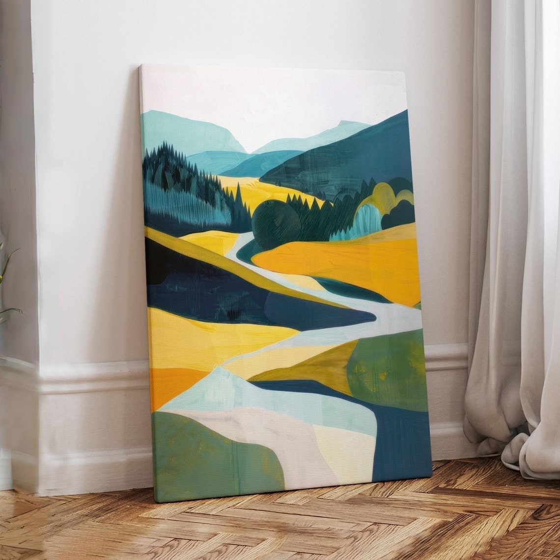 Teal and Gold Abstract River Valley Landscape Painting Art Print